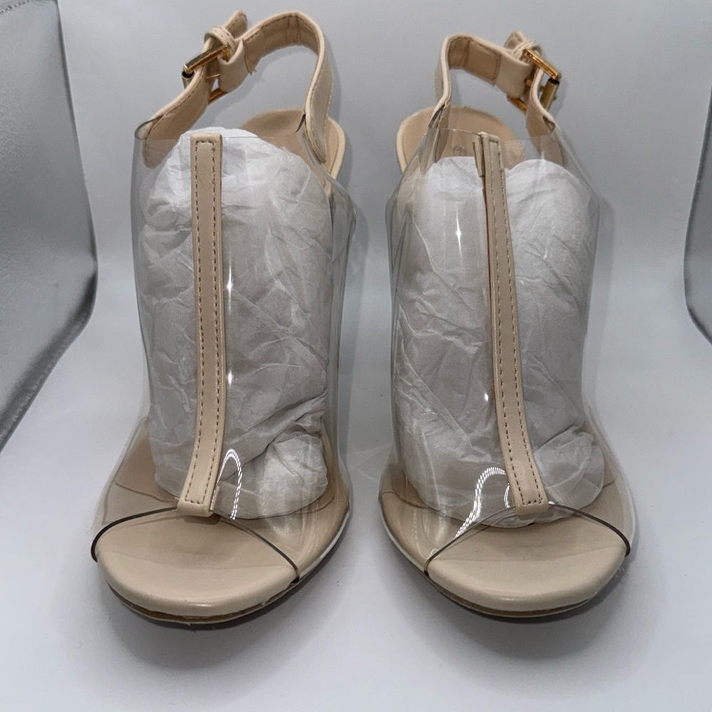 TopModa size 7 clear & taupe peep toe block heel w/ ankle strap with gold buckle